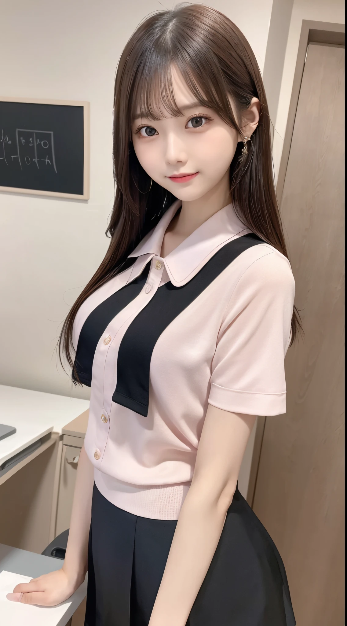 detailed background, masterpiece, best quality, 1 person , curly hair, long hair, purple eyes, star in eye , grey Strapless blouse, long skirt, grey, tight , grey blouse , beautiful bow, detailed bow,