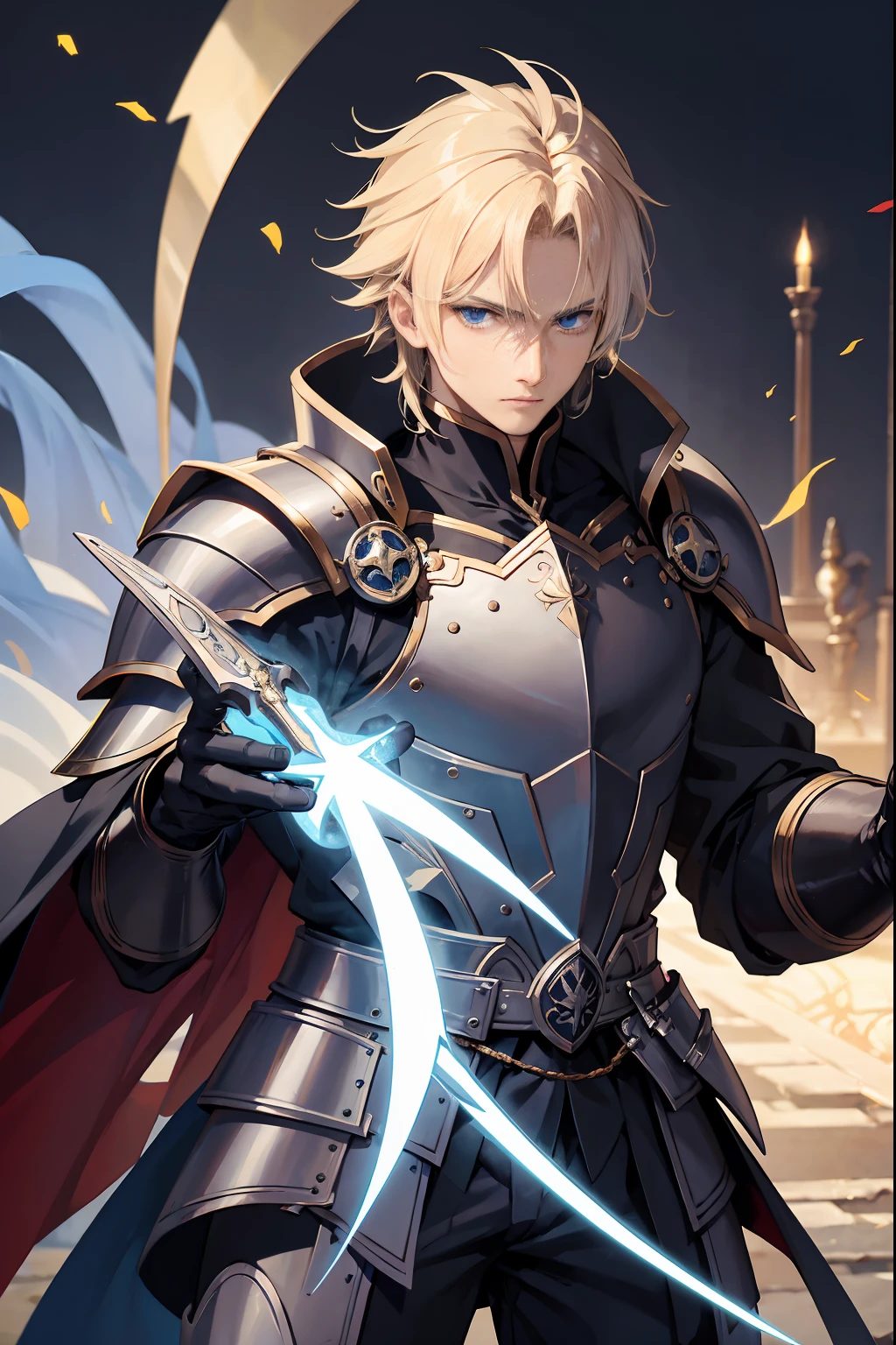 Create a captivating portrait of Malthus Vosk, a noble human Paladin from the Kingdom of Grabisco. Depict his impressive presence and unwavering commitment to justice. Bring to life his tall stature, broad shoulders, and a unique hairstyle that sets him apart. Style his blonde hair in a swept-back fashion, neatly arranged to convey both a sense of discipline and a touch of adventure. Craft his piercing blue eyes that reflect his resolute resolve. Ensure his polished armor gleams with a radiant shine, displaying his unwavering dedication to chivalry. Highlight his holy symbol, emitting a gentle glow, representing his deep-rooted faith. Portray him wielding his trusty longsword with purpose and power. Convey his noble visage exuding confidence and unwavering determination. Inspire both allies and foes alike with his regal appearance and commitment to justice. Let the image reflect Malthus Vosk's embodiment of honor and righteousness, ready to face any challenge in his quest to vanquish the acolytes of Zan and defend the innocent