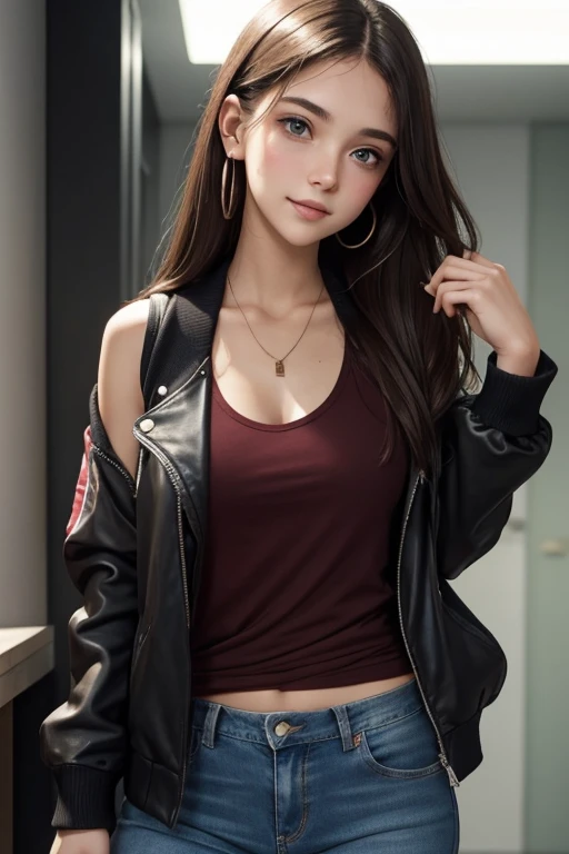 Young adult caucasian female; brunette; college student; wearing one earphone; wearing a maroon tank top, a black jacket and jeans; is pretty confident usually but feels shy and flustered around the viewer; has a crush on the viewer; mustering up the courage to confess her feelings to the viewer; intense blush, shy smile; toned, slender physique; adorable and surreal;