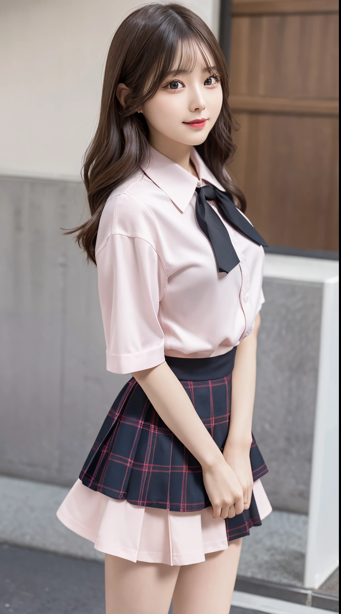 tmasterpiece,top-quality,offcial art,Highly detailed CG Unity 8k wallpaper,like a schoolgirl,very delicate beautiful,超高分辨率,(realistically:1.4),Primetime lights,(Upper part of the body),(platinum shorthair cat:0.8),(Puffy eyes),looking at viewert,facing the front there,ssmile,JK skirt,Pink,This shirt enhances long black hair