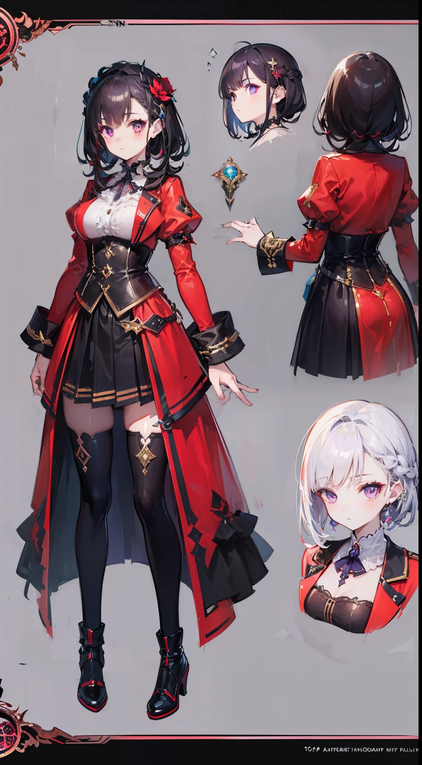 (((8K,top-quality)))1 young girl, character sheets, concept-art, full body Esbian, (masterpiece:1.2), (Top image quality:1.3), 1girl in, is standing, Braided hair, Succubus, Dark hair,Purple eyes