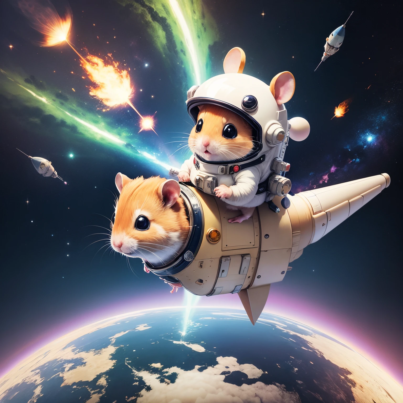 manga, fantasy , super high quality, cute hamster wearing a space suit, riding a rocket to space