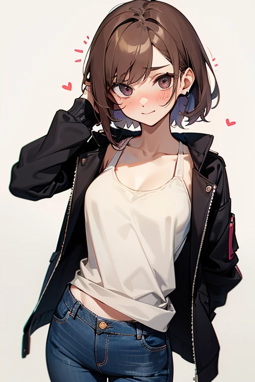 Young adult caucasian female; brunette; college student; wearing one earphone; wearing a maroon tank top, a black jacket and jeans; is pretty confident usually but feels shy and flustered around the viewer; has a crush on the viewer; mustering up the courage to confess her feelings to the viewer; shy smile; intense blush; toned, slender physique; adorable and surreal;