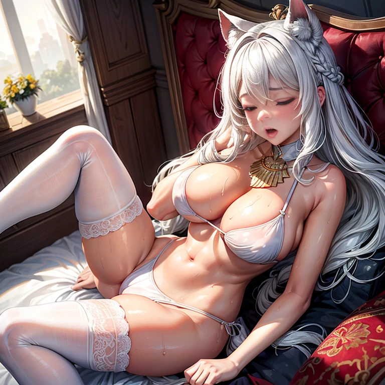 tmasterpiece, high high quality, A high resolution, Alone,Girl with light white hair ,Braid details (Colossal tits, Camel toe is very obvious, The nipple contour is pronounced, Wet white bikini, Sweating profusely, bare-legged,Lie down in bed,Lying position,Sexually suggestive liquid) Female bed, unkempt, cosmetics, to express happiness, keen vision, lie, from the above,((legs are open)) Both thighs thick, Open Mouth and Screaming, The head is tilted back, eyes closed tight,Pretend to sleep, shaggy, Heavy breathing, expression of anguish, Reddening cheeks, staging,Light white fishnet stockings wrap the thighs