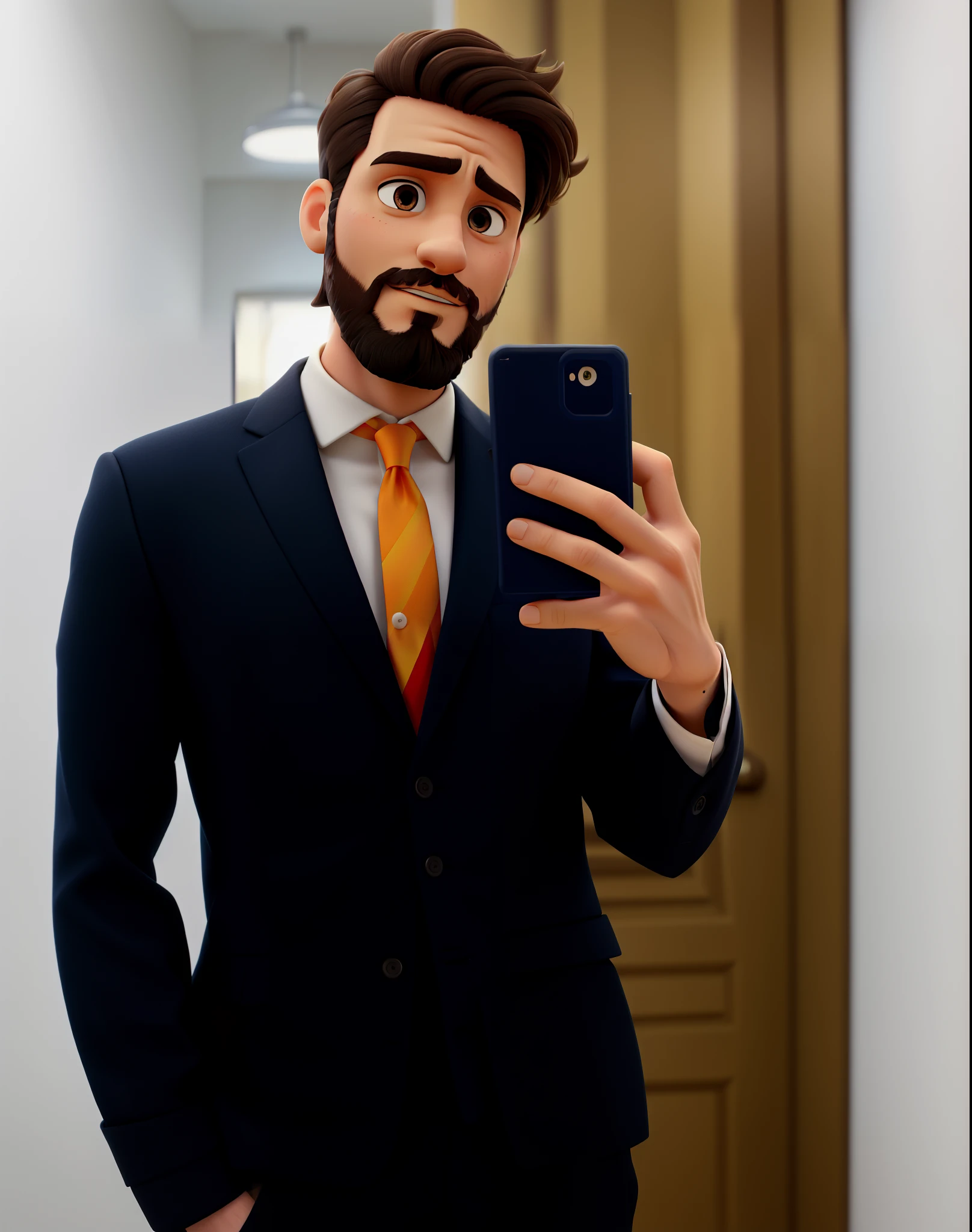 Create an image for me of a man who is holding his cell phone taking a photo in front of the mirror, his eyes are dark and light, he looks a little serious in the photo, he wears a beard, his hair is medium short, he looks wearing a suit, his tie is terra cotta color, and his pants are black, they have one of their hands in their pocket and are wearing a watch on their arm with their hand in their pocket, create the image in the format of the Disney universe Pixar, with good quality