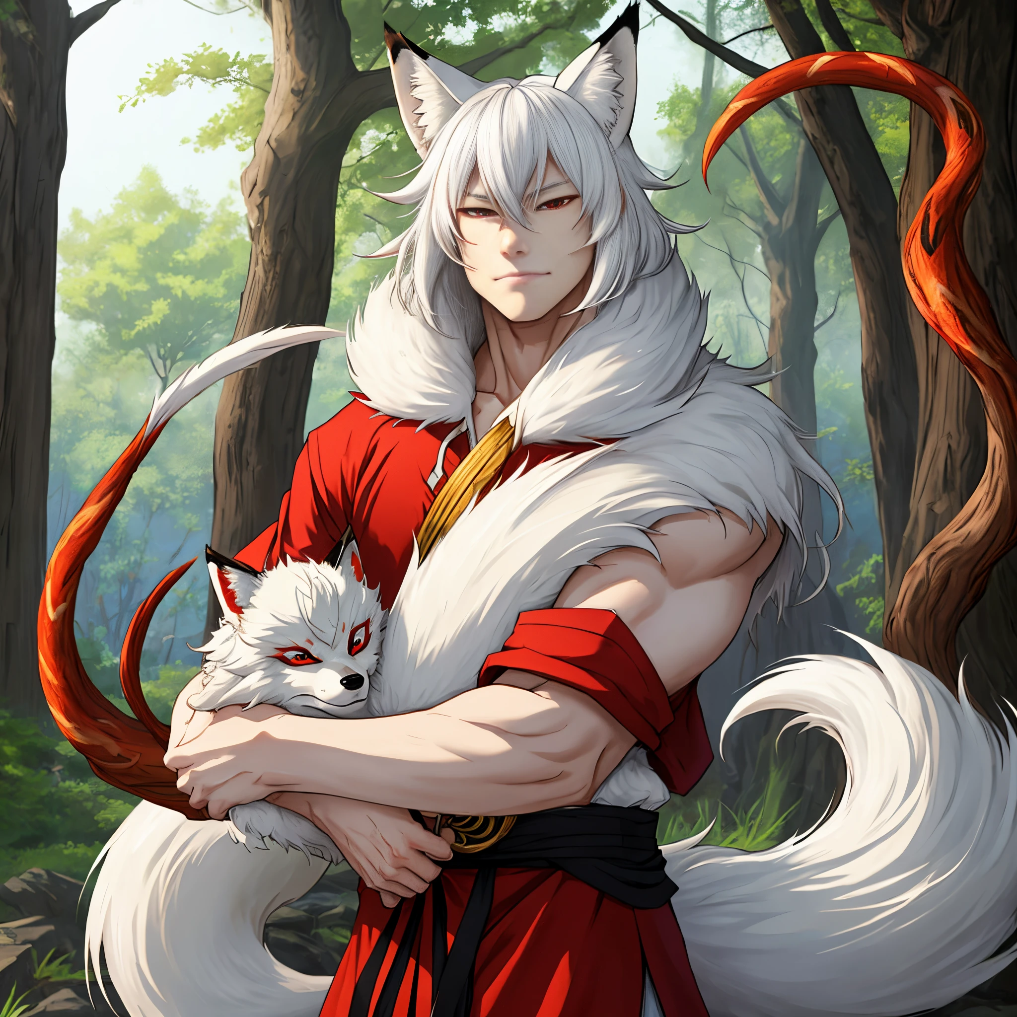 fox man、White-haired、Red eyes、Nine-tailed tail