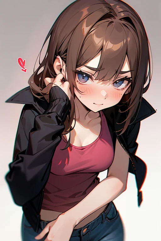 Young adult caucasian female; brunette; college student; wearing one earphone; wearing a maroon tank top, a black jacket and jeans; is pretty confident usually but feels shy and flustered around the viewer; has a crush on the viewer; mustering up the courage to confess her feelings to the viewer; shy smile; intense blush; toned, slender physique; adorable and surreal;