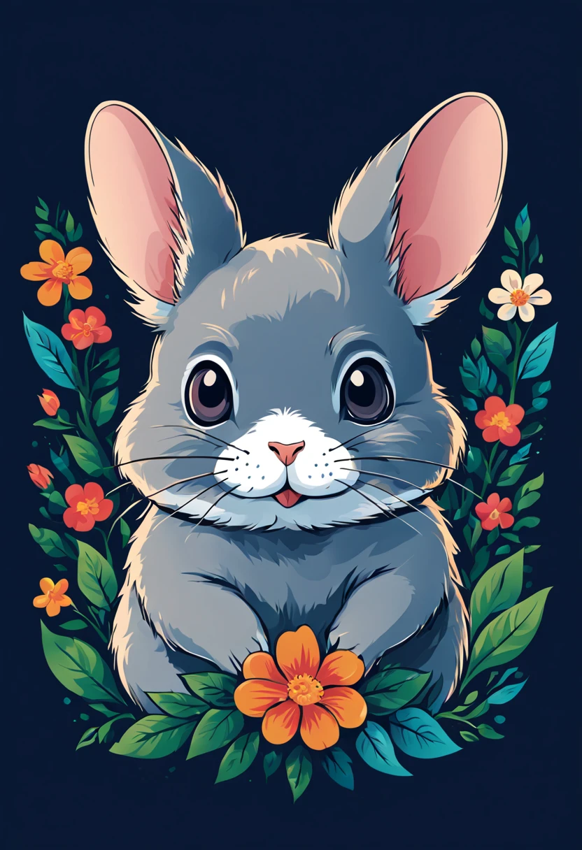 Vector Design, TShirt design, Line Art T – Shirt, Retro, Flowers, Chinchilla , Cartoon, vintage, trendy, 2d, vector, flat, no mockup, no background