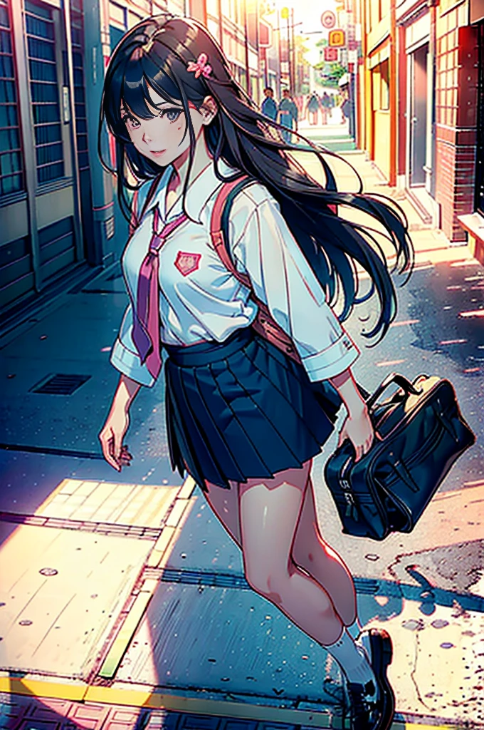 (A mature Japanese high school student:1.3), long hair over shoulders, fair skin tone, charming eyes, pink lip color, {{{mature demeanor:1.3}}}, {{{anime style}}}, {{dreamy light and shadow}}, {{{slim figure:1.3}}}, sweet smile, {{{delicate picture}}}, pretty hair accessory, {{school uniform look}}, {{charming eyes}} fresh, {soft light}, {{cute}}, (perfect body),((masterpiece)),(((high quality))), (Full-body professional photography:1.8), well-proportioned body, smooth hair strands, gentle face, tall stature, healthy and slim, ((high-definition features)), (((very detailed face))), student vibe, exquisite,(depth of field), dynamic lighting, high-definition body, detailed features, 4k, texture, 1 woman, facing the viewer, long hair over shoulders, hair band, school, badge, backpack, school uniform skirt, blue color, student temperament, gentle, comfortable.