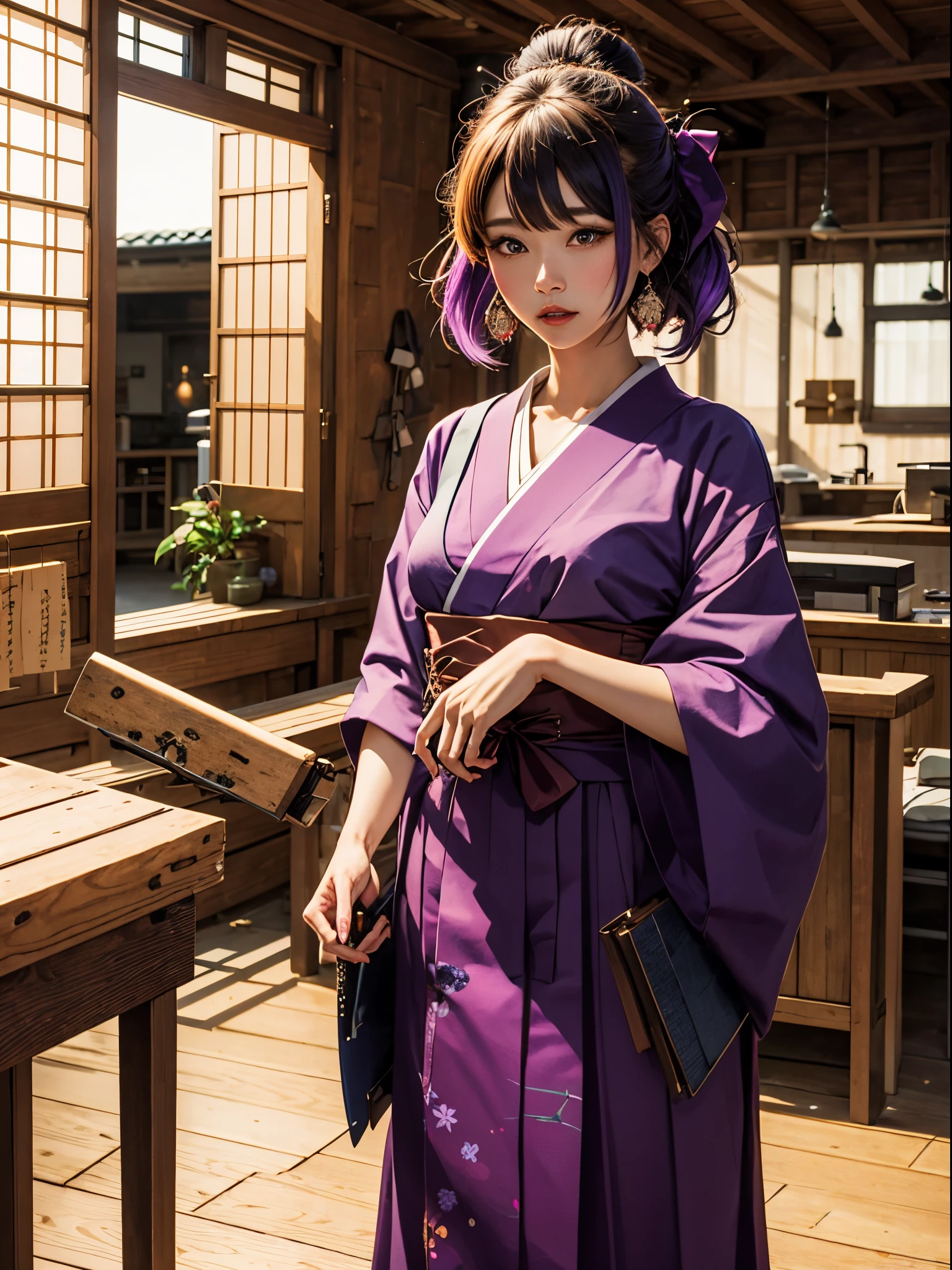 She is wearing a hakama with purple as its base color.、tall、eyes are odd、Illustration of a woman who seems to be playing the koto