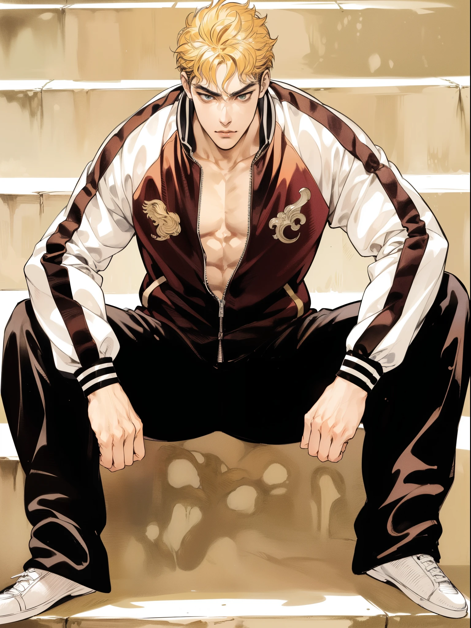 muscular boy, a hoodie, King of rappers, Pectoral Muscles, Abdominal Muscles, Cool atmosphere、sit-in、Solid posture、Fashionista、stylish、COLORFUL、Personal、Cantonese