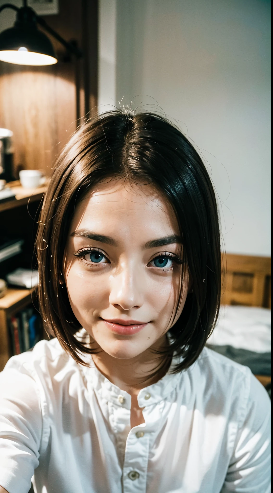 (Best Quality、Raw photo、profetional lighting、Top image quality、masterpiece、Live-action depiction、The background is of the best quality、The background is professional lighting、Russian、Big eyes、The background is in the city、a blond、the eyes are blue、Smiling a little、hairstyle is short bob、White shirt、You can see the valley、Lying on a white bed、Suppin、waking up