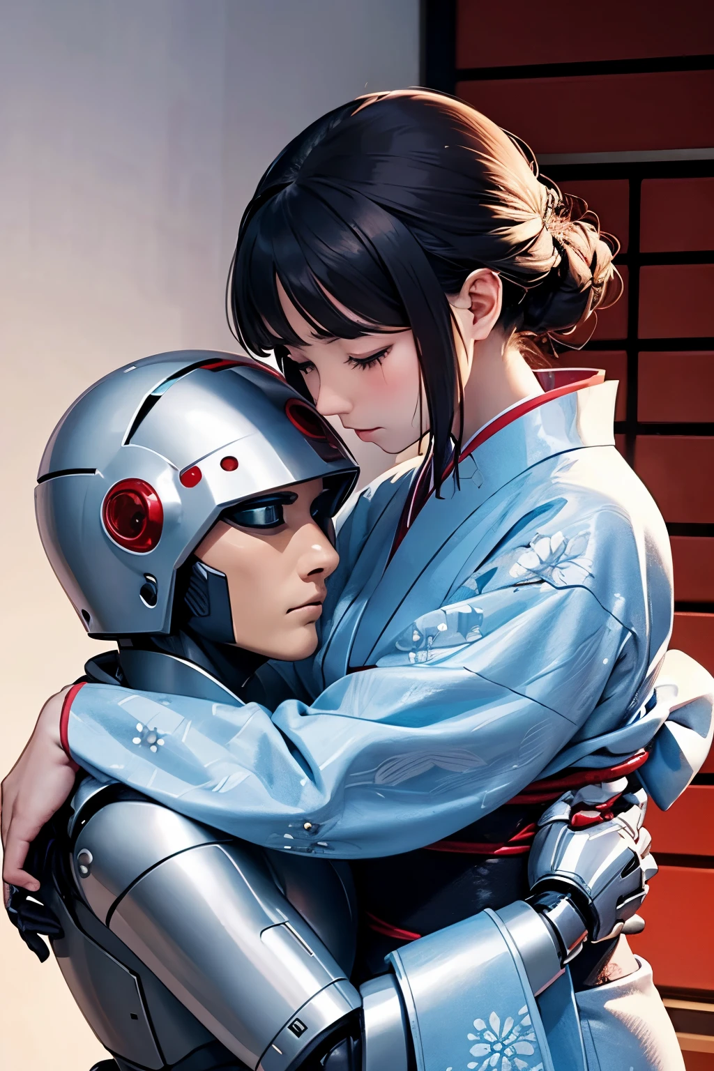 lady hugging a robot man in a kimono [the robot humanoid is cold faced while the lady looks at him desperate holding hus face with tears]
