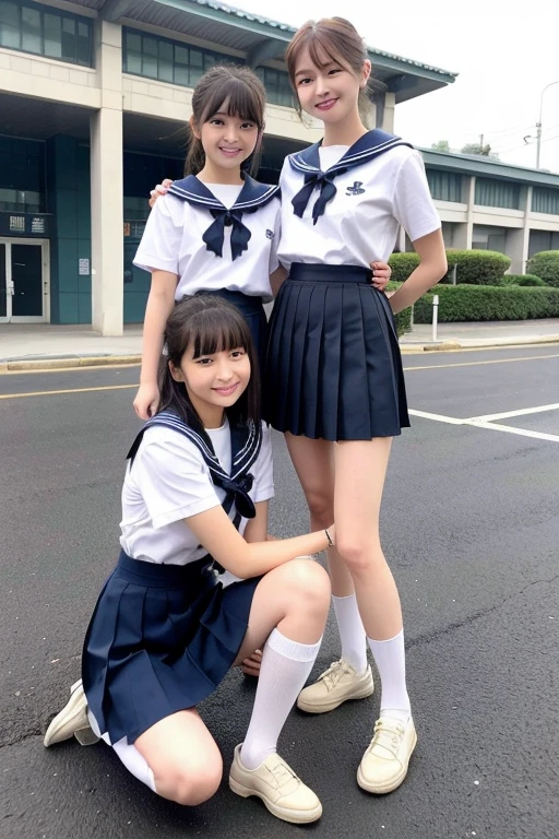 Girls in front of the old Japan station,White Sailor School Shirt,Navy blue high waist pleated skirt,Bow with a thin dark red ribbon on the hair,School bag,18year old,Bangs,A little smile,Knees,short cut hair,Low ponytail,White High Socks、Brown loafers