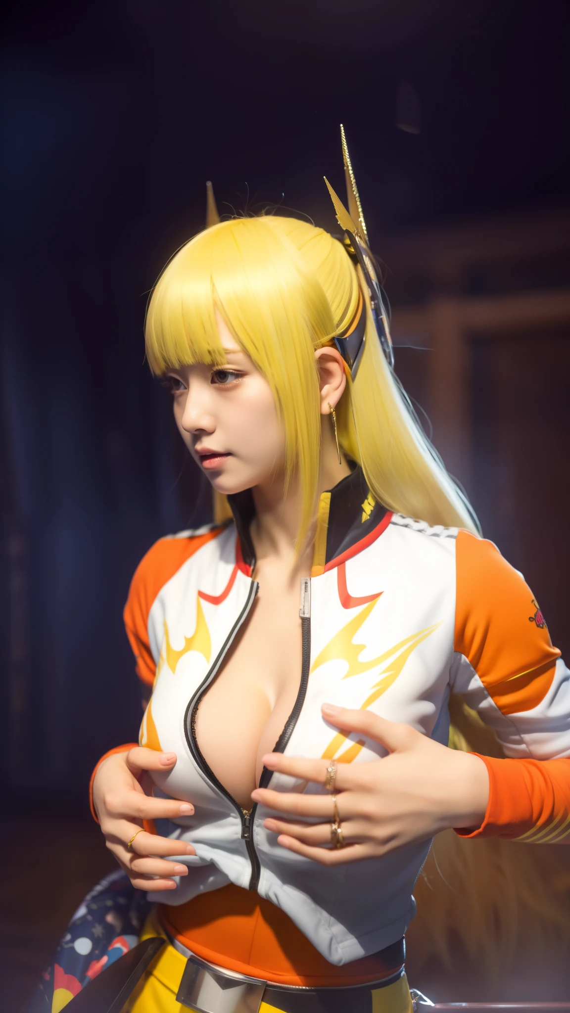 Anime, Korea, 1 girl, beautiful, 8k Quality, yellow hair, long hair, sexy 18+, Holding very big breasts,