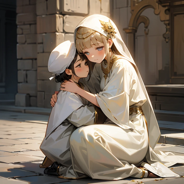 A woman wearing a white dress and gold ornaments has a sad expression on her face、She is hugging a girl dressed in gray clothes. stone pavement Retro