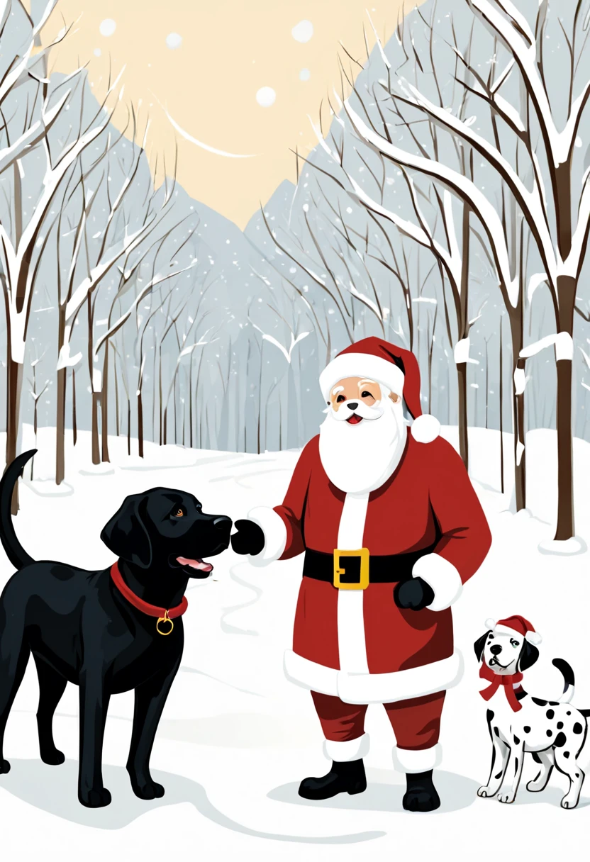 in the snow at christmas,1 black labrador retriever,1 Dalmatian with many white parts, Walk with Santa Claus,In 2D chibi art style, masutepiece, Best Quality