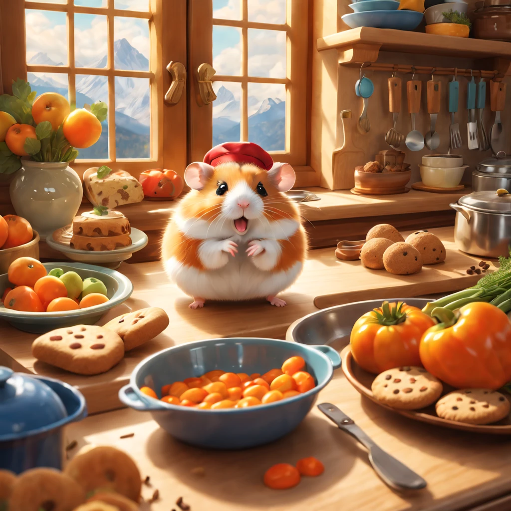 A hamster exploring a giant's kitchen,illustration,adorable,curious,tiny,paws,fluffy fur,round body,whiskers,leaps,climbing,scampering,on a countertop,bowls of fruits and vegetables,bakery smells,mountains of cookies and cakes,chocolate chips,spices and herbs,shiny pots and pans,gleaming utensils,baking trays,faraway stove with flames flickering,little chef hat,an open cookbook,recipe pages fluttering,climbing up drawers,peeking into cabinets,hidden treasures,spices and grains pouring out,rolling pins and whisks,natural light streaming in through the window,bright and colorful scene,paws holding a carrot. (best quality,ultra-detailed,realistic),concept art,vibrant colors,soft lighting,magical atmosphere.