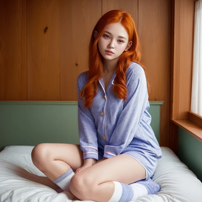 Portrait of 15 year old cute beautiful perfect face petit teen, Russian, in short pajamas, thighs, in bed, full body, ankle socks, legs out straight, arms at the side, ginger hair, freckles, Lolita, Daddy aesthetic, soft core,