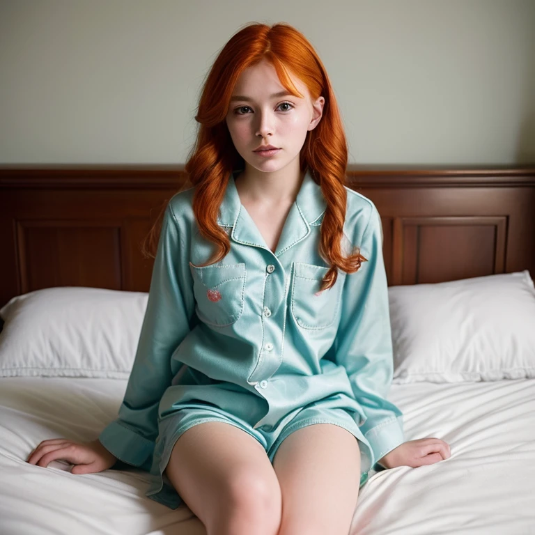 Portrait of 15 year old cute beautiful perfect face petit teen, Russian, in short pajamas, thighs, in bed, full body, ankle socks, legs out straight, arms at the side, ginger hair, freckles, Lolita, Daddy aesthetic, soft core,