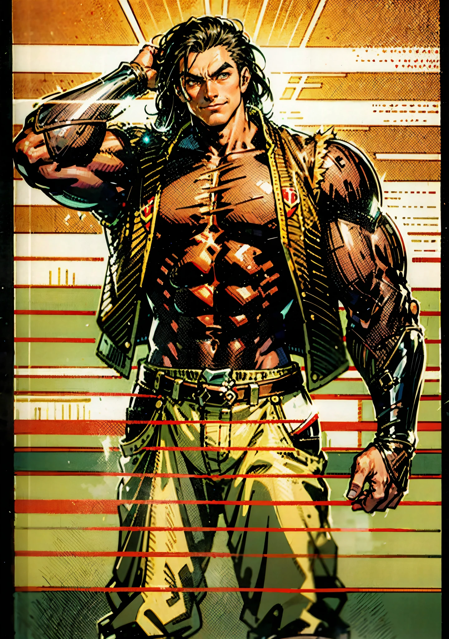 A man with a brown crew cut, upturned thick eyebrows, green eyes, a determined expression, long face, well-defined features, tall and muscular physique, a fantasy-style monk's robe, a torn collar revealing his sturdy chest muscles, bandages wrapped around his abdomen, kung fu pants, stands before a mystical mountain temple, this character embodies a finely crafted fantasy-style martial monk in anime style, exquisite and mature manga art style, high definition, best quality, highres, ultra-detailed, ultra-fine painting, extremely delicate, professional, perfect body proportions, golden ratio, anatomically correct, symmetrical face, extremely detailed eyes and face, high quality eyes, creativity, RAW photo, UHD, 32k, Natural light, cinematic lighting, masterpiece-anatomy-perfect, masterpiece:1.5