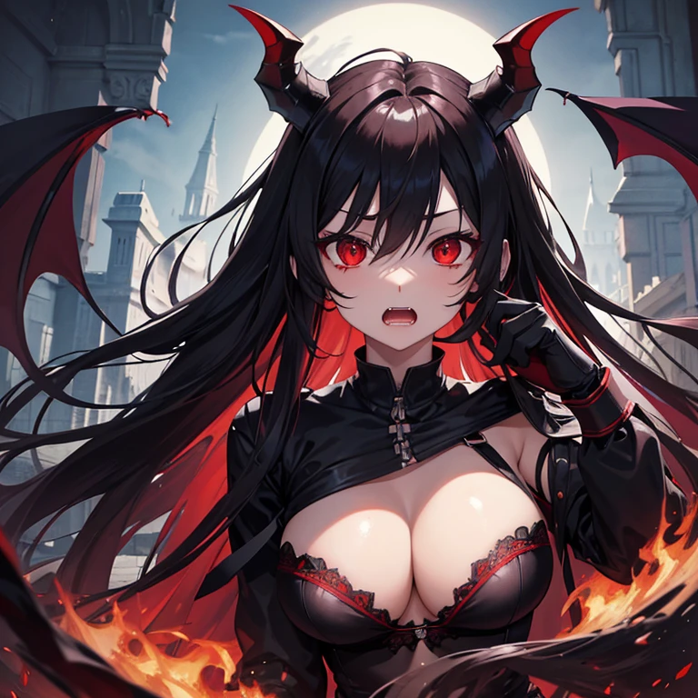 There is a demon Waifu,ultra hd,red/black long hair,cute,red eye,,normal booba,Black gloves,His mouth is open , tooth , wather,fight position,open shirt,shy, Thigh visible,Have a bra,castle,