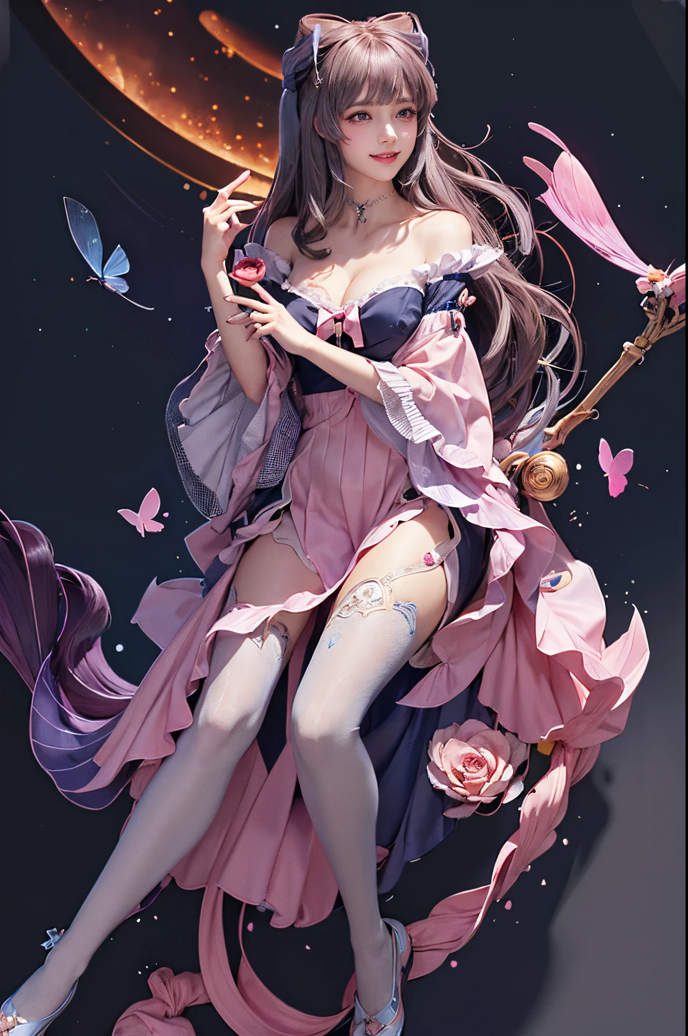 Magenta hair, older woman, cat ears, long hair, smiling face, sexy outfit, butterflies, floating hearts, tropical background, teal, pink, and gold dress clothes 