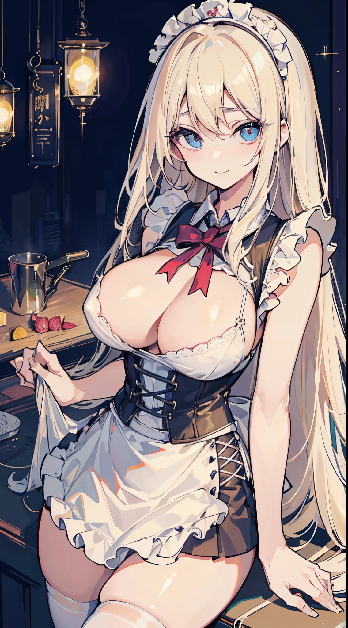top-quality、realistic touch,high-detail、photoRealstic、Long body、captive beauty、big eye、huge tit、Strong platinum blonde eyelashes、platinum-blonde、Beautie、A sexy、full body Esbian、Sparkling eyes、Submissive smile、Flushed cheeks、Kamimei、thin-waist、Voluptuous thighs、Enraptured look、Raked bangs、The forehead is protruding、Corset to emphasize the chest、Obedient maid、sleeveless、High school student in sailor suit、Apron stuck to groin area