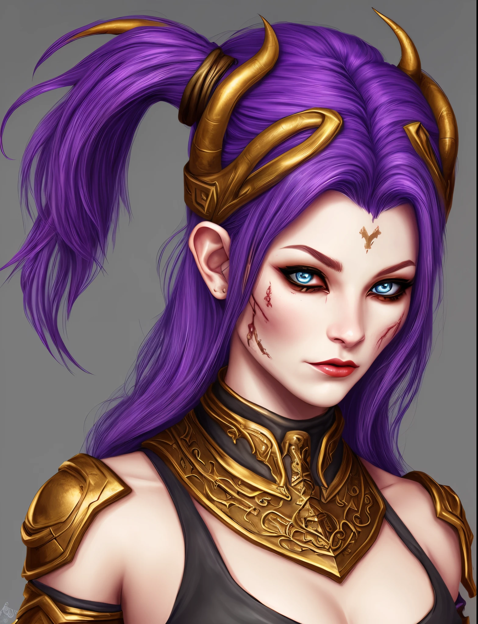 rogue tiefling, red skin, purple hair, gold eyes