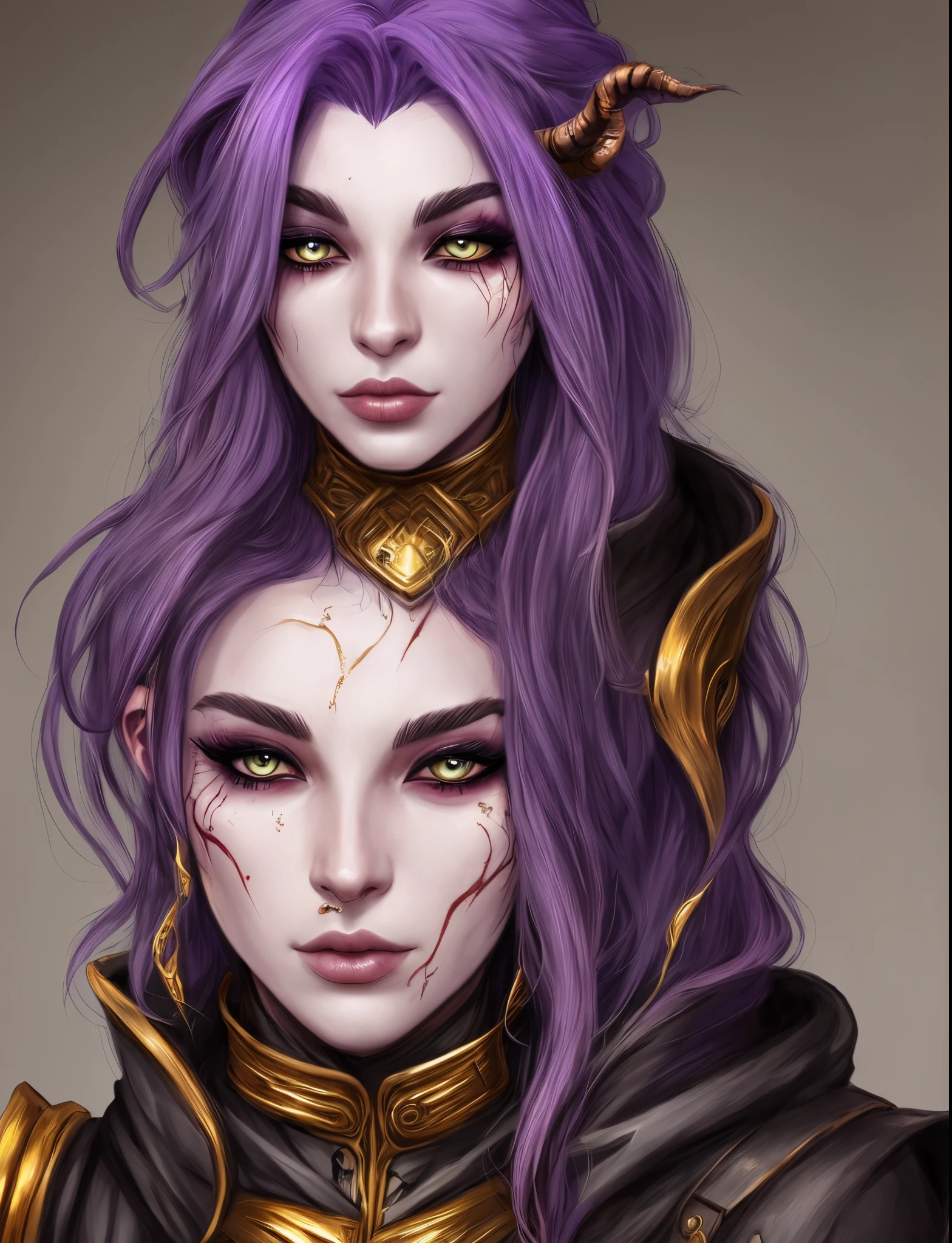 rogue tiefling, red skin, purple hair, gold eyes