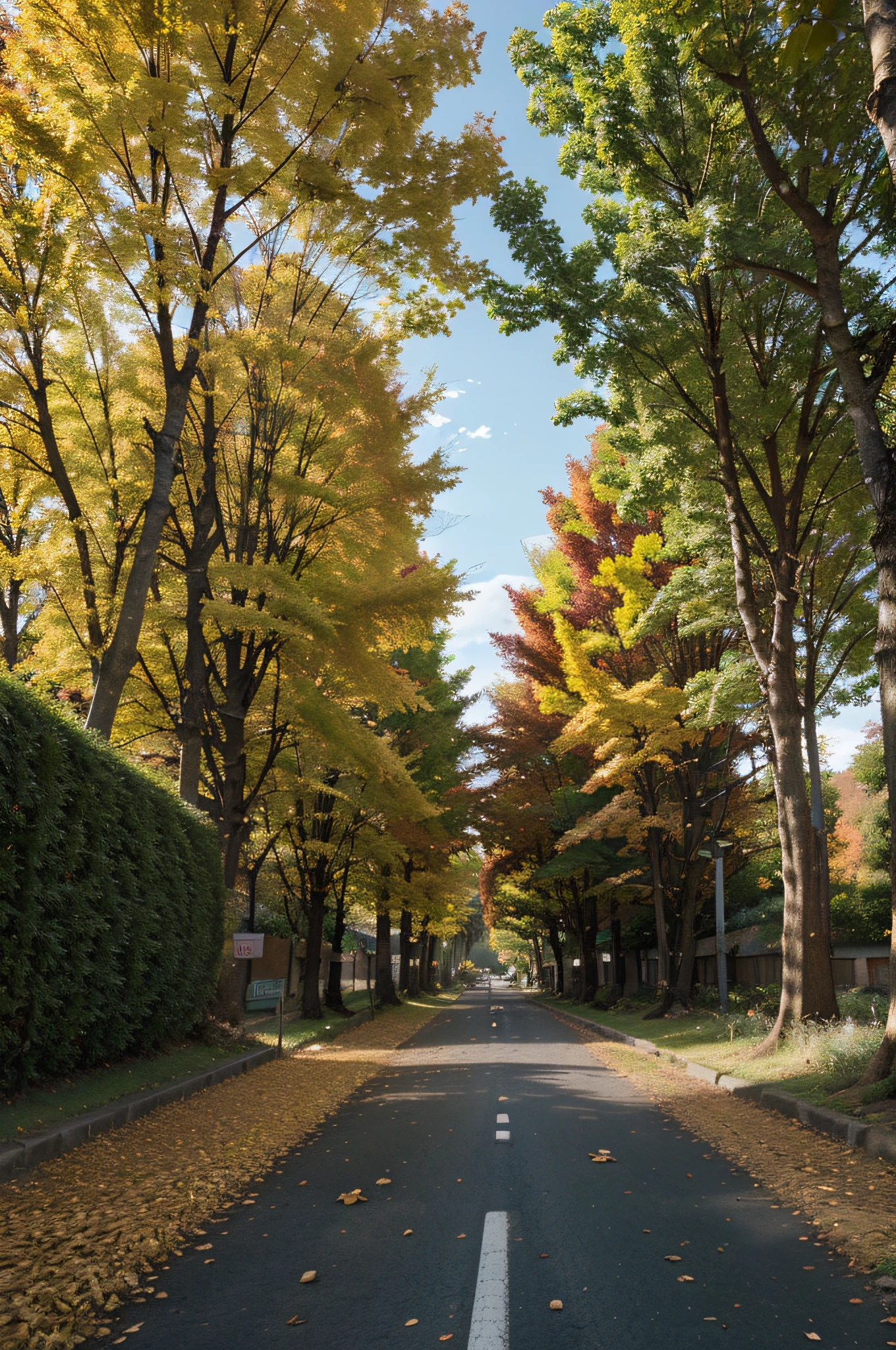 Hard ,Autumn,A row of yellow ginkgo trees,Leaves fell all over the road,Ginkgo trees surround the long road,ultraclear,真实感