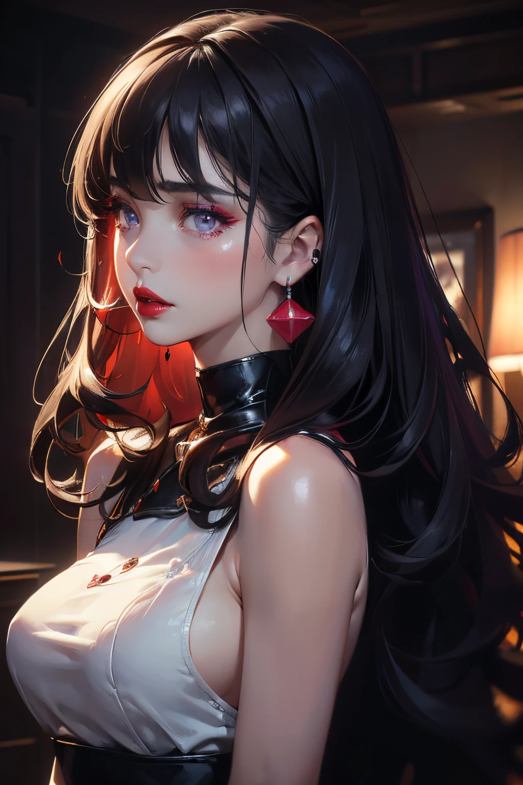 ((masterpiece,hight resolution,8K picture quality,top-quality)),1girl in,((extra detailed face)),a 20 yo woman,Sateen,Delicate eyes,Dark purple eyes,Permed black hair,big wavy hair,Dramatic makeup,profile,see cocktails,((The upper part of the body:1.5)),Large piercings,Embarrassed look,((smooth lips,red lipsticks,attractive rap)),voluminous hair,fluffy hair,Natural complexion,Super delicate CG unity,black leather mock sleeveless,A sexy,Crying,
