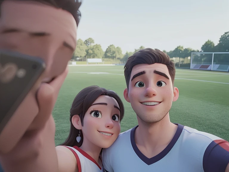 there is a man and woman taking a selfie in a park, 8k selfie photograph, selfie shot straight on angle, selfie photo, on a football field, in love selfie, happy couple