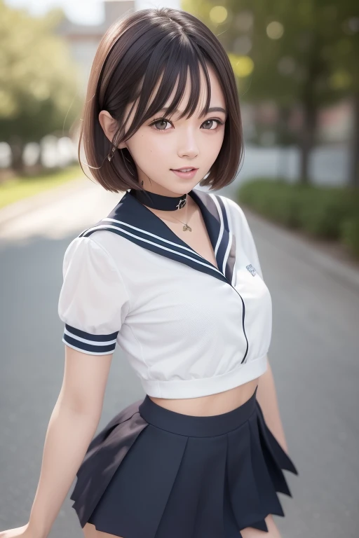 (masterpiece:1.3),(best quality:1.4),ultra high res,(detailed eyes),(detailed facial features),(detailed clothes features),HDR,8k resolution, solo focus, bangs, skin tight, (shiny skin),(slender girl),dreamlike,
(extreme detailed illustration),check commentary,commentary request,scenery,no text,
VirtualGirl-Rin, happy, smile, (small breasts), bangs, bob hair, short hair, brown hair, brown eyes, black choker,
1girl, 
student, schoolgirl, white high school uniform,sailor suit,dark red pleated skirt, stockings,sneakers,