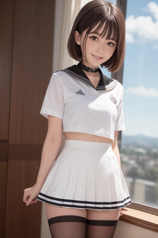 (masterpiece:1.3),(best quality:1.4),ultra high res,(detailed eyes),(detailed facial features),(detailed clothes features),HDR,8k resolution, solo focus, bangs, skin tight, (shiny skin),(slender girl),dreamlike,
(extreme detailed illustration),check commentary,commentary request,scenery,no text,
VirtualGirl-Rin, happy, smile, (small breasts), bangs, bob hair, short hair, brown hair, brown eyes, black choker,
1girl, 
student, schoolgirl, white high school uniform,sailor suit,dark red pleated skirt, stockings,sneakers,