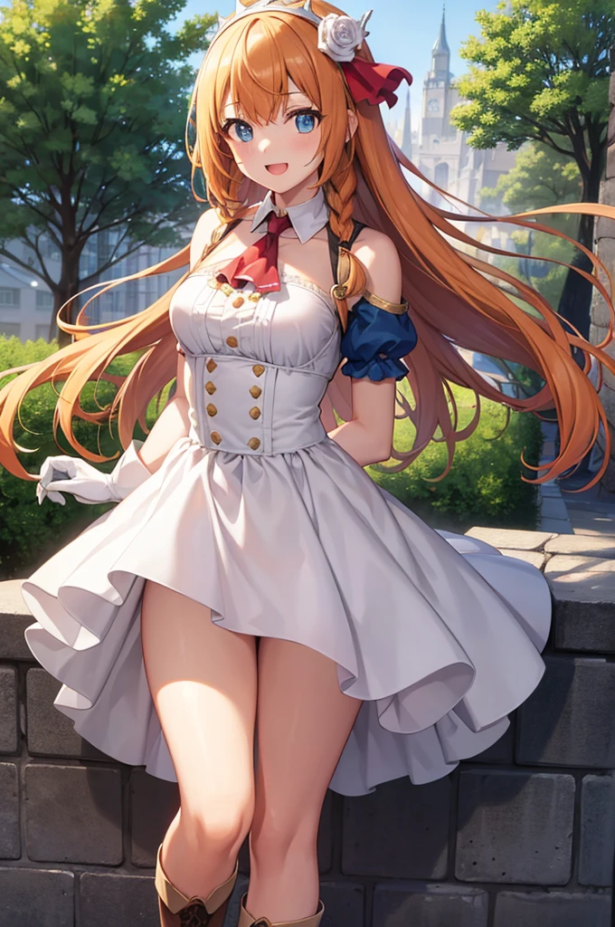 Pecorine, Pecorine, Blue eyes, Hair Ornament, Long hair, Orange hair, tiarra, braid, Hair braid,
Break Arm Belt, armor, ascot, Blue socks, long boots, Dress, gloves, Hair Ornament, Open your clothes, open dress, pauldrons, Pleated skirt, Puffy Short Sleeves, Puffy sleeves, Red Ascot, Red skirt, Short sleeves, Shoulder Armor, Single-pole drone, Skirt, sox, White Dress, white footwear, White Gloves,
BREAK looking at viewer, BREAK outdoors,is standing、
BREAK (masutepiece:1.2), Best Quality, High resolution, Unity 8k壁纸, (Illustration:0.8), (Beautiful detailed eyes:1.6), extra detailed face, Perfect Lighting, extremely details CG, (Perfect hands, Perfect Anatomy),、(Skirt lift:1.3), (white  panties:1.3)、(Skirt that rolls up:1.3)、(Fully exposed panties:1.5)、outside of house、plein air、Smile with open mouth、cowboy  shot、