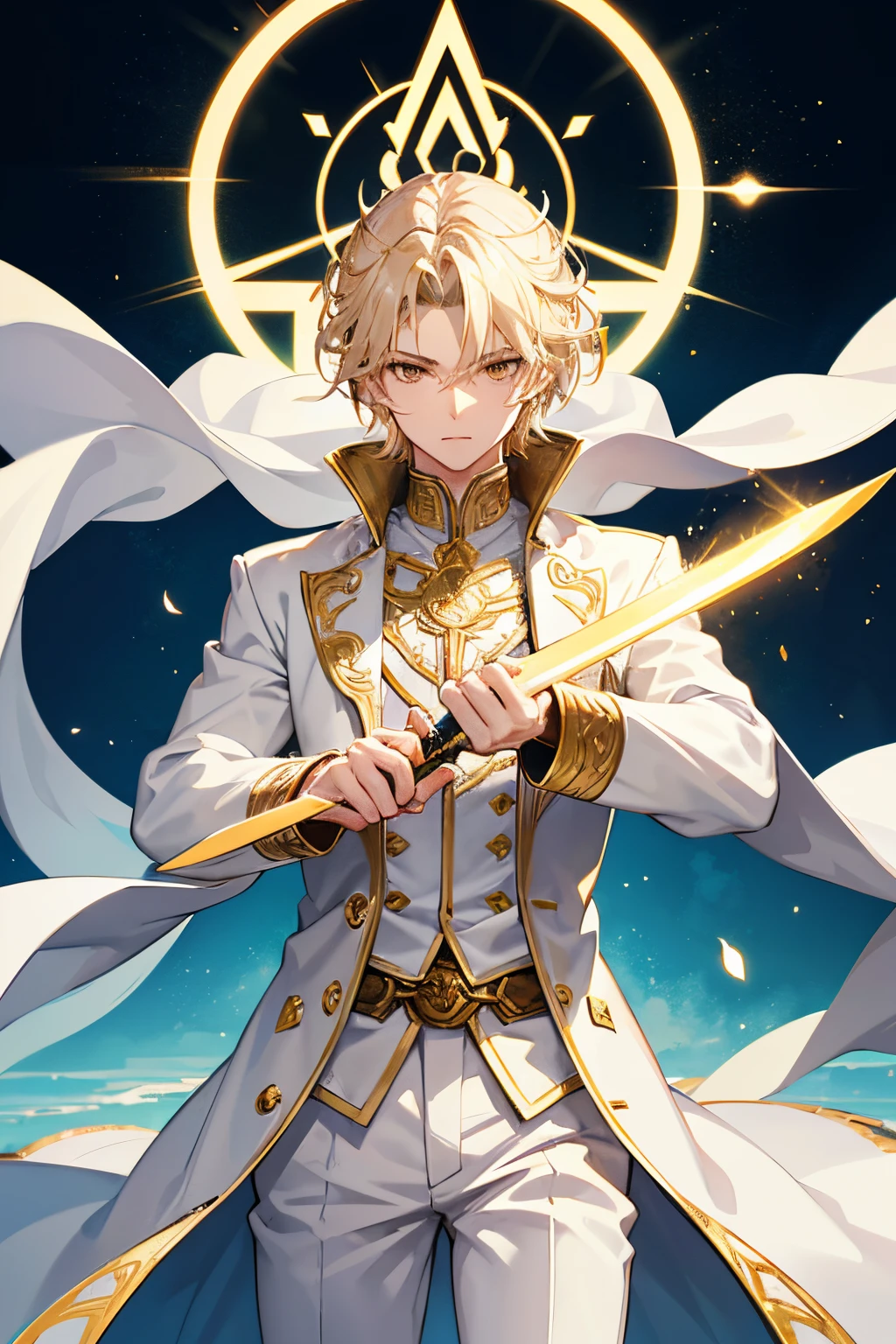 I want to generate a picture of an anime god of light. Lean more on the simplicity side. The clothes include white trousers, white shirt, and an overcoat, the overcoat should be the most noticeable piece of clothing, white decorated with gold forming complicated patterns. The face is young, around , handsome. The hair is golden-blonde, not too long. Golden eyes. Body type is lean but not muscular. Holding a sword made of light. The pose is standing, showing some sense of powers. Fully clothed. Blonde. Light effect. Masterpiece