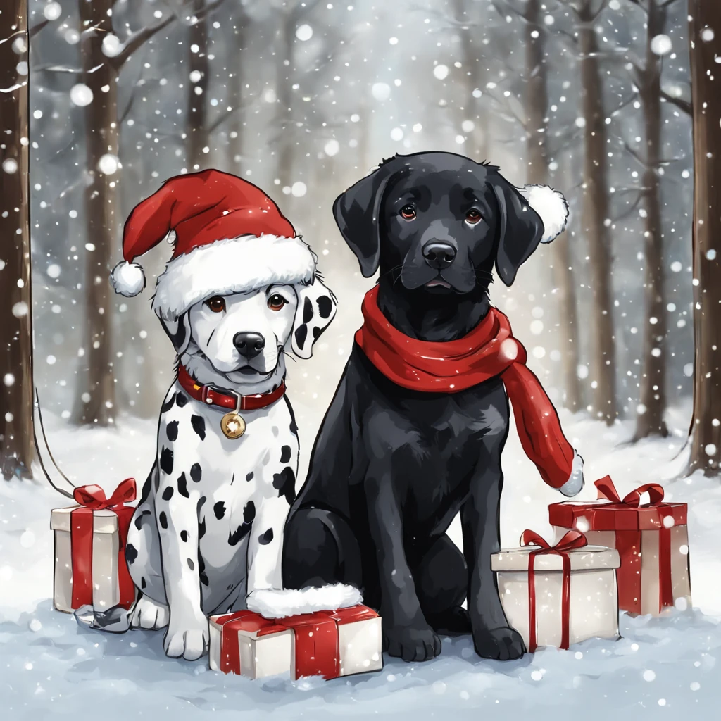 in the snow at christmas,1 black labrador retriever,1 Dalmatian with many white parts, Walk with Santa Claus,In 2D chibi art style, masutepiece, Best Quality