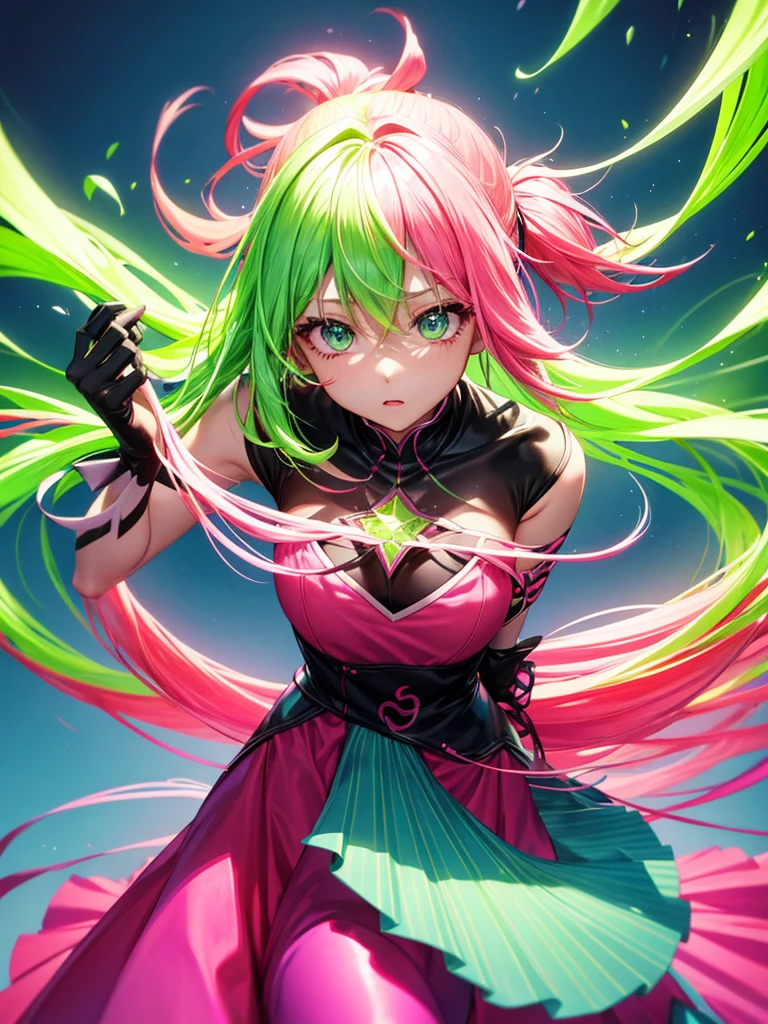 Fluorescent pink hair、Fluorescent Green Clothing、neon color、Vivid Color、western clothes、length hair、illustratio、Saturated colors、Dynamic angles、dynamicposes、Rin々Shishi Face、Dynamism、Single、1 persons、femele