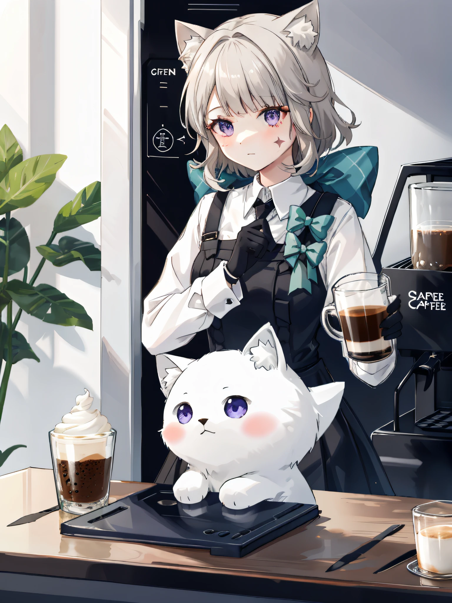 lynette, lynette, animal ear fluff, animal ears, cat ears, facial mark, hair bow, (purple eyes:1.1, brown hair, star, star on cheek , Coffee Girl, , High Quality, coffee shop, Soft light, Natural and authentic, coffee, Short Hair Hair, customer, cats, Gospel, cat ear, cat ears girl, coffee, Large coffee machine,