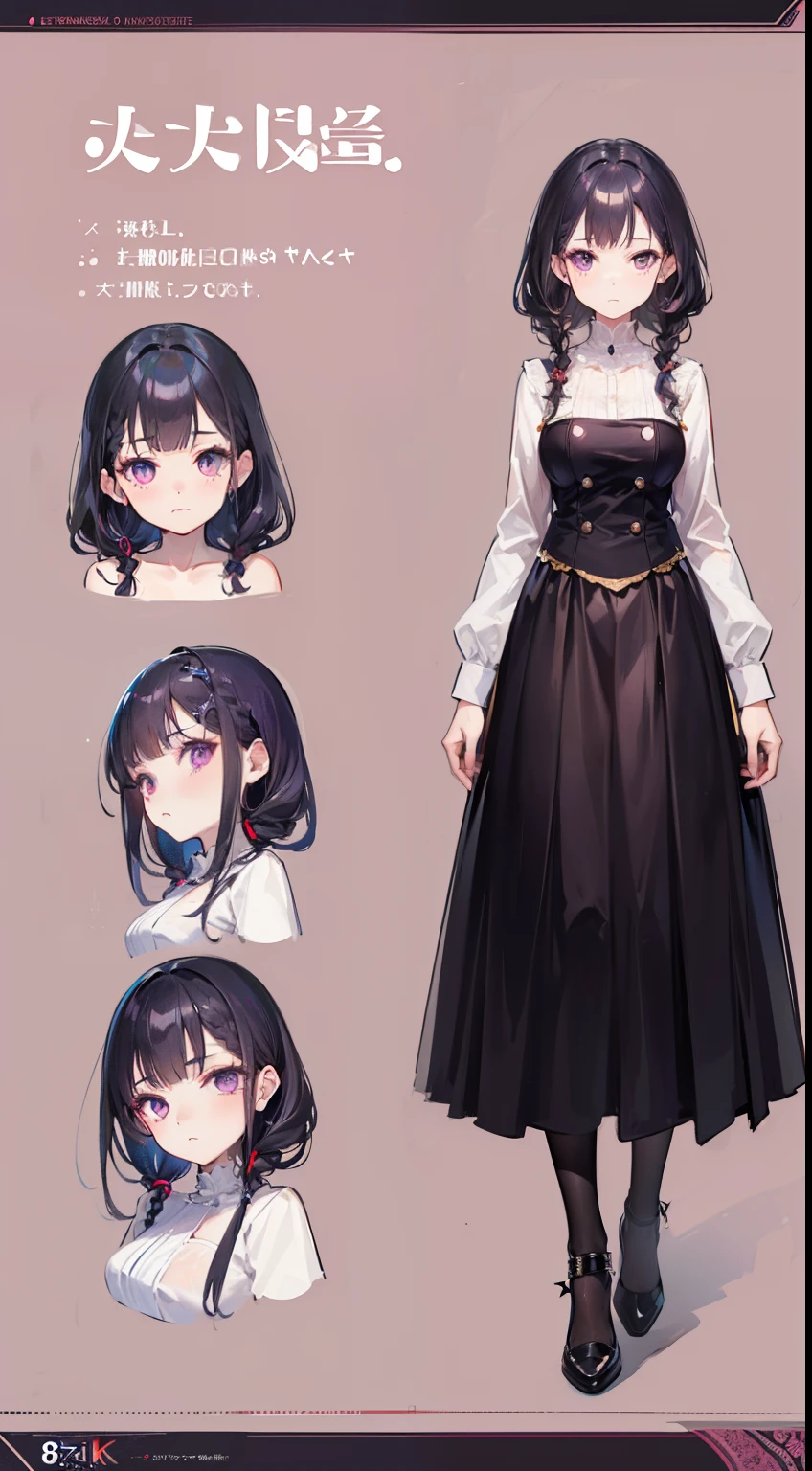 (((8K,top-quality)))1 young girl, character sheets, concept-art, full body Esbian, (​masterpiece:1.2), (Top image quality:1.3), 1girl in, is standing, Braided hair, Succubus, Dark hair,Purple eyes