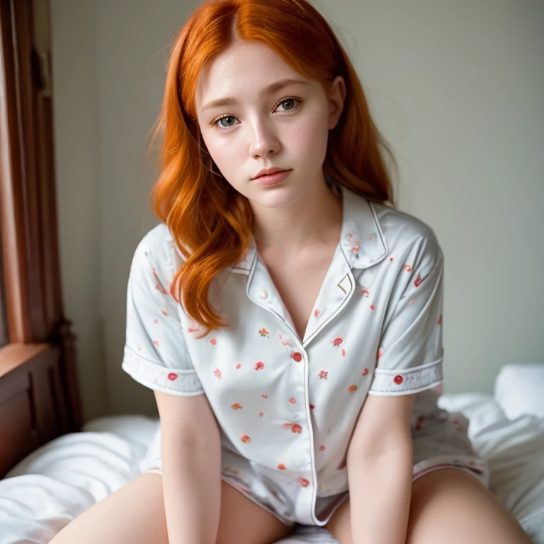 Portrait of 15 year old cute beautiful perfect face petit teen, Russian, in short pajamas, thighs, in bed, full body, ankle socks, legs out straight, arms at the side, ginger hair, freckles, ****ta, Daddy aesthetic, soft core,