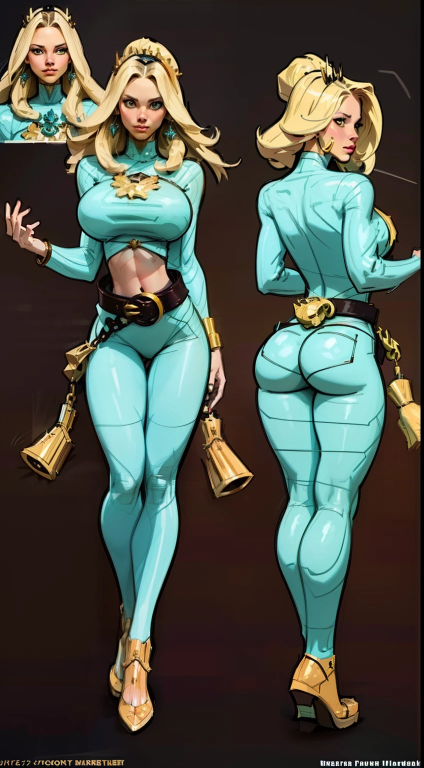 woman in a gun costume, ((character concept art)), tall figure, ((character design sheet, same character, front, side, back)), maple story character art, video game character design, video game character design, gigantic breasts, (large ass), slim waist, slendered abs, maple story gun girl, girl wearing cute hairpin on her head, yellow glowing decoration on girl's clothes, expert high detail concept art, metal bullet concept art, funny character design, belts, housewife, warrior housewife, determined, multiple face angles, gravity rush inspiration, Viscous tar. Concept art, belt buckle at waist, steampunk weapon,
