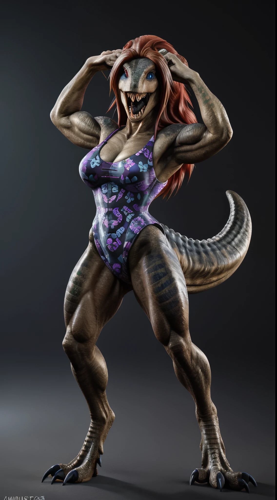 Art Prompt: Realistic High-Detail Photo of a Solo 40-Year-Old Woman Breaking Free
Description: Create a stunning 8K photograph that portrays a powerful and fierce 40-year-old woman with an anthropomorphic Tyrannosaurus Rex appearance. The anthropo-Tyrannosaurus should have realistic green scales, covering her entire body, emphasizing her strength (scale rating: 1.9).
She should have long, elegant red hair (hair rating: 1.8) that flows gracefully down her back. The woman’s physique should be muscular and toned (muscular rating: 1.8), with broad hips (hip rating: 1.3) and a curvy hourglass figure (hourglass rating: 1.6). Her powerful legs should be showcased, highlighting her physical prowess.
The woman’s expression should be fierce and determined, complemented by an open mouth with sharp teeth (teeth rating: 1.6) that reveal her captivating blue eyes (eye rating: 1.2). Her three-fingered dinosaur claws (claw rating: 1.7) should be black and match her hands.
To enhance her dinosaur characteristics, the woman should have a strong dinosaur tail (tail rating: 1.2) extending from her back. The photograph should capture her in a powerful pose that emphasizes her strength and independence.
For her attire, she should be wearing a high-leg leotard (leotard rating: 1.5) with a vibrant violet pattern (pattern rating: 1.5) that accentuates her physique. The leotard should have a push-up cleavage design, highlighting her feminine features while fitting tightly to her body.
Please create a high-quality, realistic image that showcases the remarkable combination of a powerful woman breaking free and her anthropomorphic Tyrannosaurus characteristics.
Trex_Dinosaur, therapod, monster,