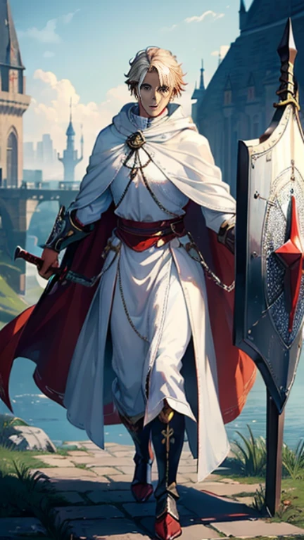(((((male))))), masterpiece, ultra detailed, 8K Portrait, Raw photo, man's portrait photography, Highly detailed face, beautiful and meticulous eyes, ((Fantasy)), 45 years old (((man))), 180 cm, ((blond)) very short hair, brave face, Smile, (((white silk long cloak))) Fluttering in the wind, (((white and red chain mail))), boots, (((Holding a long sword))), (((equip a shield))), Midday Sun, anime, Strong body, Long legs, in a castle, Ambient lighting, Shadow details , Camera focus on face, strong breeze, Light fog