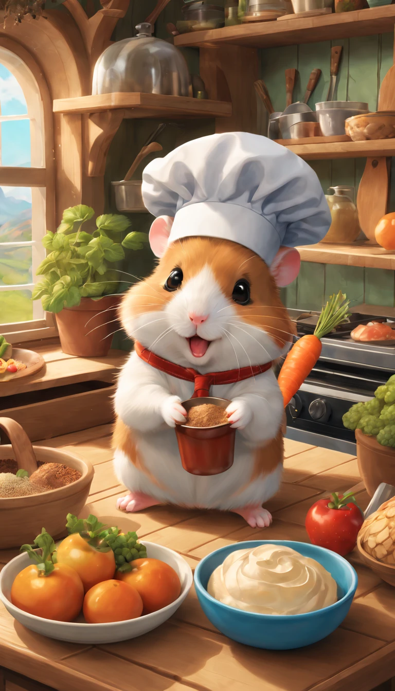 A hamster wearing (Adventure set,Outdoor adventurer clothing)  exploring a giant's kitchen,illustration,adorable,curious,tiny,paws,fluffy fur,round body,whiskers,leaps,climbing,scampering,on a countertop,bowls of fruits and vegetables,bakery smells,mountains of cookies and cakes,chocolate chips,spices and herbs,shiny pots and pans,gleaming utensils,baking trays,faraway stove with flames flickering,little chef hat,an open cookbook,recipe pages fluttering,climbing up drawers,peeking into cabinets,hidden treasures,spices and grains pouring out,rolling pins and whisks,natural light streaming in through the window,bright and colorful scene,paws holding a carrot. (best quality,ultra-detailed,realistic),concept art,vibrant colors,soft lighting,magical atmosphere.