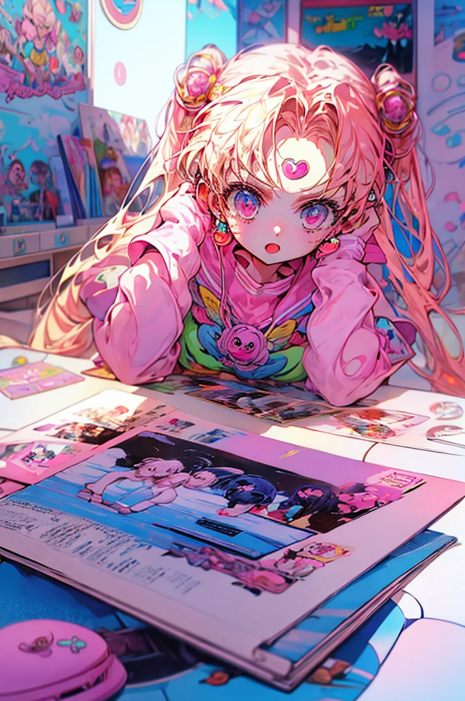 mulher bonita cartoon anime 3d 4k estudando num quarto escrevendo um caderno ,sentada de lada numa cadeira com mesa ,e um copo de cafe sobre a mesa saindo vapor de cafe ,with an anime poster on the wall of the office comfortable children's kawaii pastel color