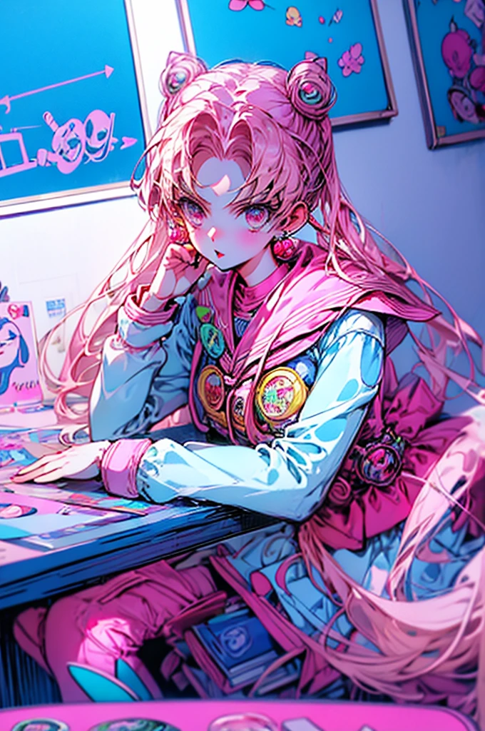 mulher bonita cartoon anime 3d 4k estudando num quarto escrevendo um caderno ,sentada de lada numa cadeira com mesa ,e um copo de cafe sobre a mesa saindo vapor de cafe  ,with an anime poster on the wall of the office comfortable children&#39;s kawaii pastel color