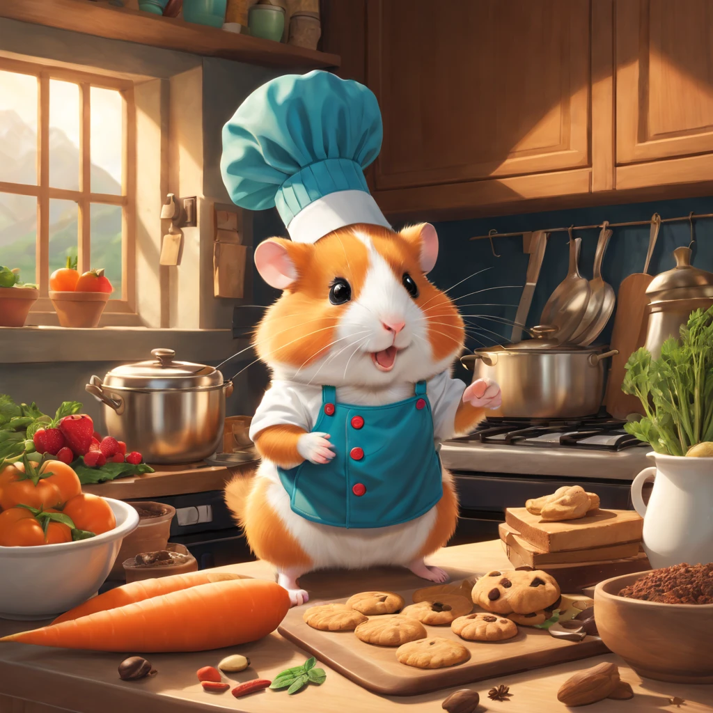 A hamster wearing (Adventure set,Outdoor adventurer clothing) exploring a giant's kitchen,illustration,adorable,curious,tiny,paws,fluffy fur,round body,whiskers,leaps,climbing,scampering,on a countertop,bowls of fruits and vegetables,bakery smells,mountains of cookies and cakes,chocolate chips,spices and herbs,shiny pots and pans,gleaming utensils,baking trays,faraway stove with flames flickering,little chef hat,an open cookbook,recipe pages fluttering,climbing up drawers,peeking into cabinets,hidden treasures,spices and grains pouring out,rolling pins and whisks,natural light streaming in through the window,bright and colorful scene,paws holding a carrot. (best quality,ultra-detailed,realistic),concept art,vibrant colors,soft lighting,magical atmosphere.