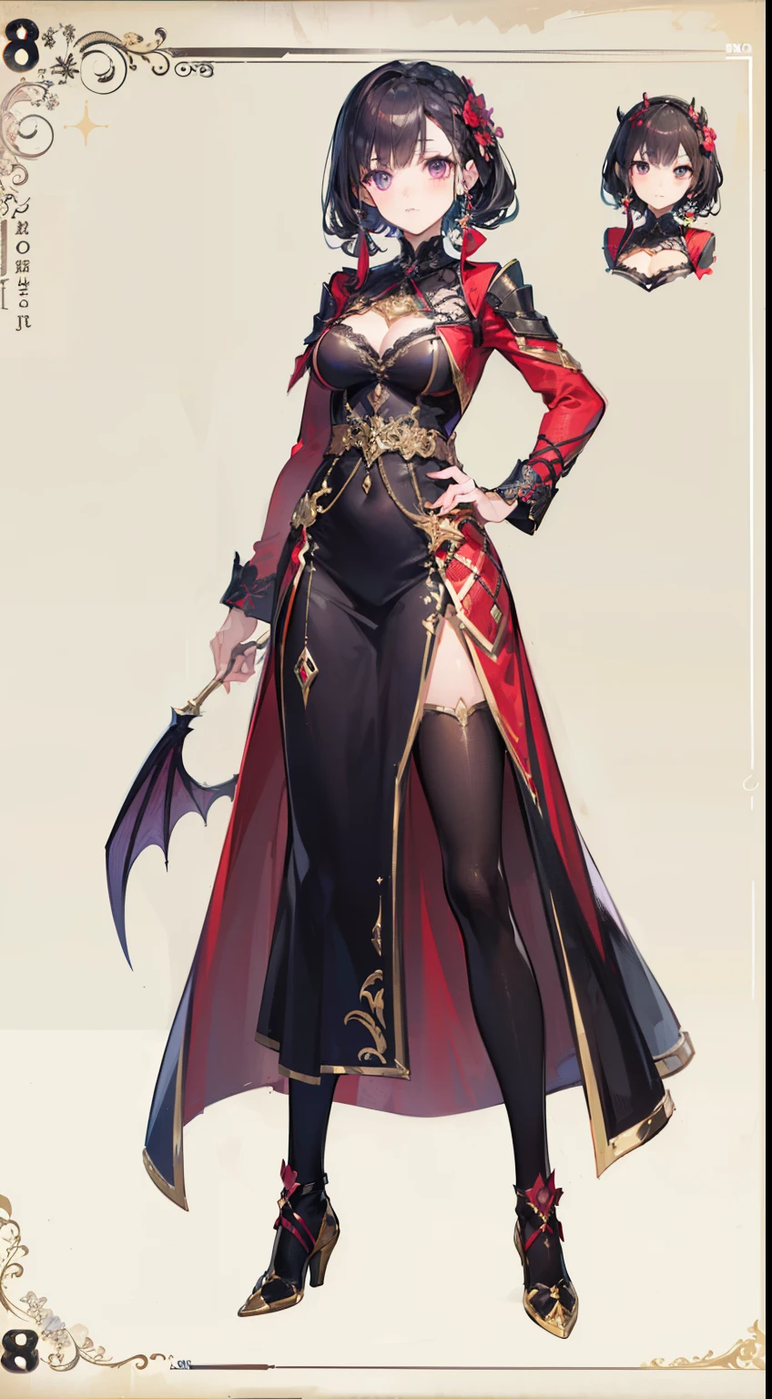 (((8K,top-quality)))1 young girl, character sheets, concept-art, full body Esbian, (​masterpiece:1.2), (Top image quality:1.3), 1girl in, is standing, Braided hair, Succubus, Dark hair,Purple eyes